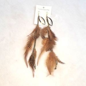 Nwt Brown Feather Native Drop Dangle Earrings